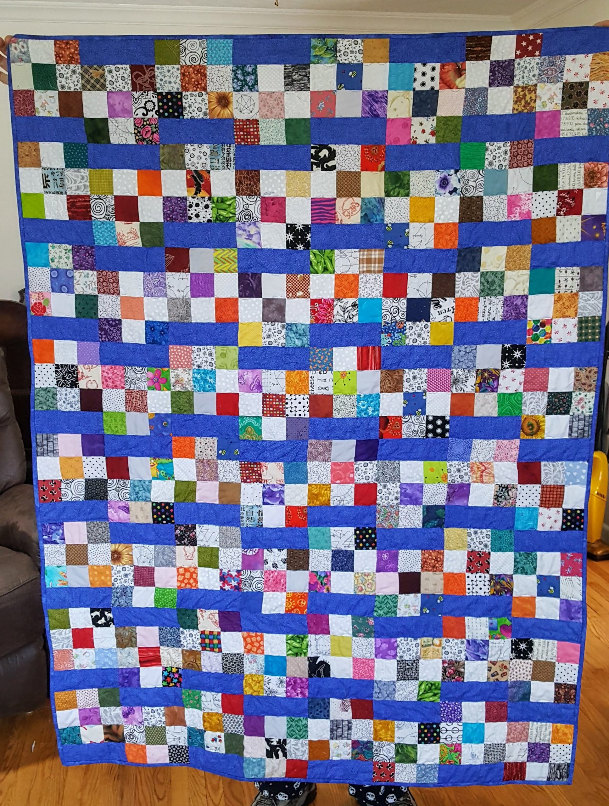 9 patch quilt top with broken stripes